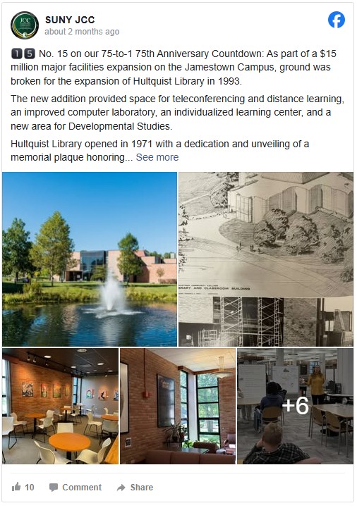 Collage celebrating Hultquist Library’s expansion on Jamestown Campus. Images show the library’s exterior, architectural plans, interior spaces, and classrooms, conveying a tone of academic growth and community development.