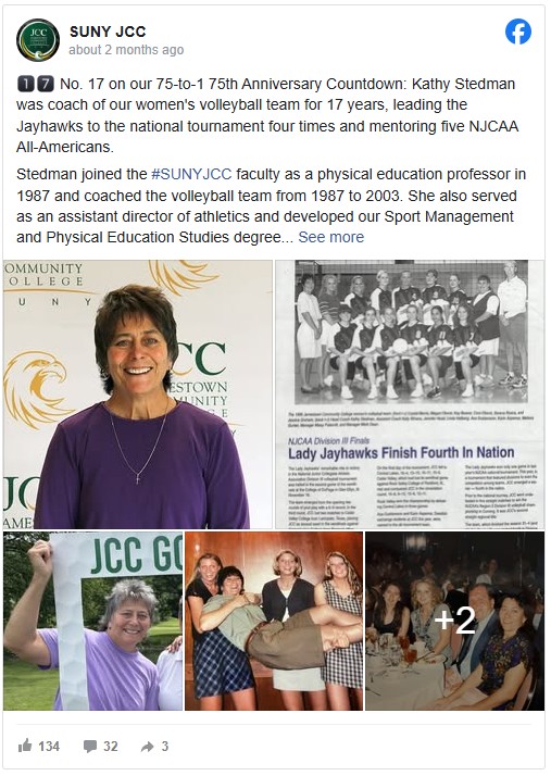 A collage of images highlights Kathy Stedman of SUNY JCC. The main image features her smiling in a purple top. Additional images show a newspaper clipping about her volleyball team and various personal moments with family and friends, conveying a sense of achievement and camaraderie.