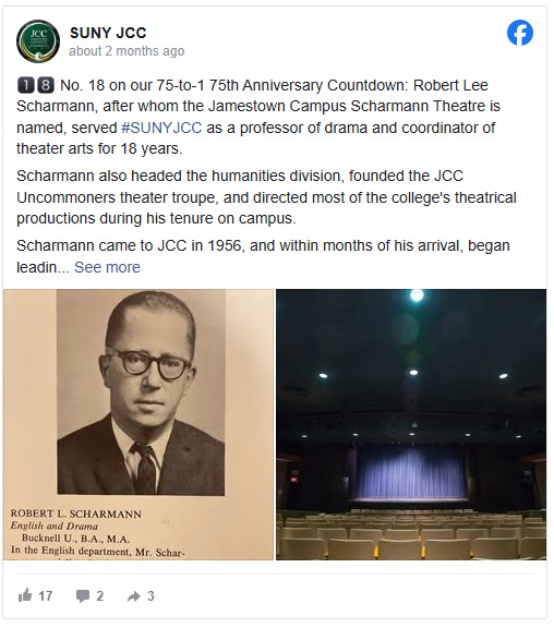 SUNY JCC Facebook post highlighting Robert Lee Scharmann, a former professor and theater coordinator. Includes a vintage photo of Scharmann and an image of an empty theater with a purple curtain and seating.