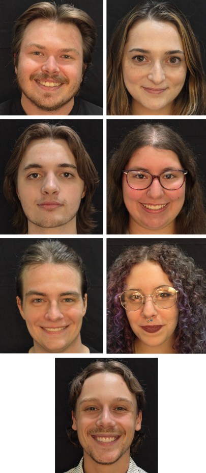A collage of seven individuals, each smiling in front of a black background. They have diverse hairstyles and eyewear.