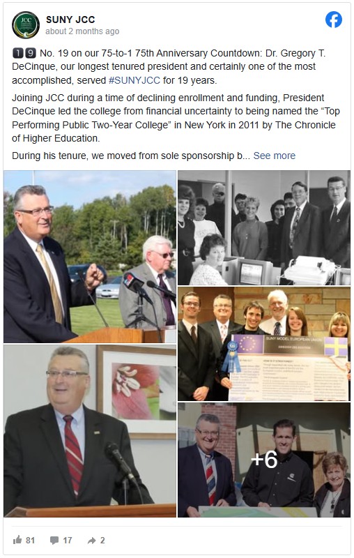 A collage of photos celebrating Dr. Gregory T. DeCinque, featuring speeches, group events, a banner with a blue ribbon, and various candid moments.
