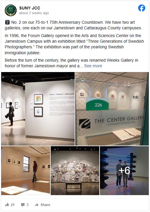 A Facebook post by SUNY JCC highlights their two art galleries, featuring images of gallery exhibits with framed artwork. The tone is informative and celebratory.