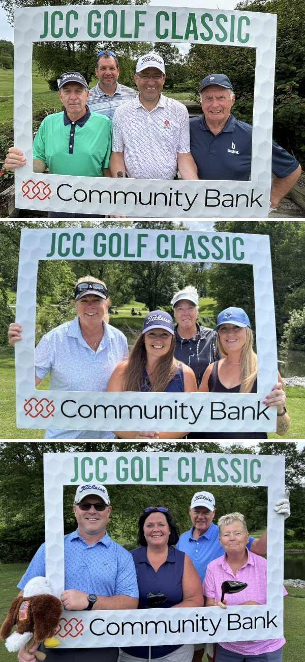 A group of golfers poses for a photo at the JCC Golf Classic, holding a frame that reads "JCC GOLF CLASSIC Community Bank." The image is split into three frames, each featuring a different group of golfers.