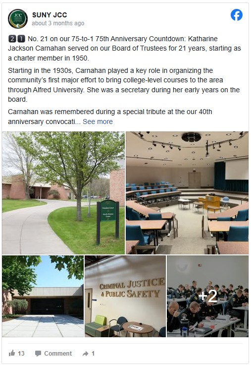 Anniversary post by SUNY JCC highlighting Katharine Jackson Carnahan. Includes campus images: green lawn, lecture hall, and Criminal Justice & Public Safety sign.