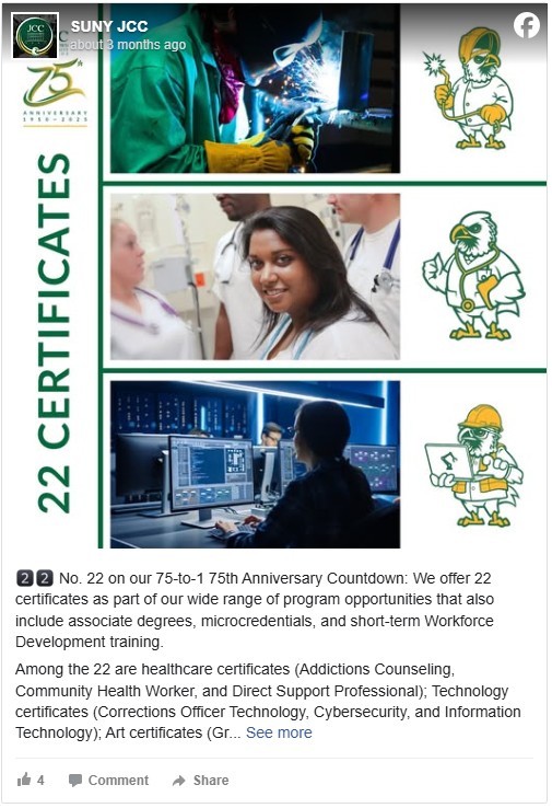 SUNY JCC Facebook post highlighting 22 certificates offered, with images of welding, a healthcare worker, and a person at a computer, alongside cartoon mascots. The tone is educational and promotional.
