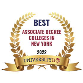 A badge proclaiming "Best Associate Degree Colleges in New York 2022" with "University HQ" on the ribbon.