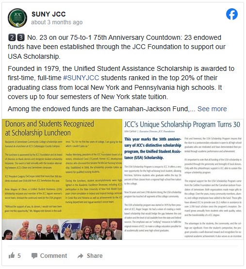 A Facebook post by SUNY JCC highlights the 75th Anniversary Countdown and the USA Scholarship supported by 23 endowed funds. Founded in 1979, the scholarship aids top students from New York and Pennsylvania high schools. Included images show a scholarship luncheon and an article titled "JCC’s Unique Scholarship Program Turns 30," with a group photo of smiling individuals. The tone is celebratory and informative.
