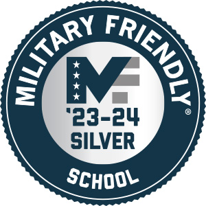 A circular seal that says "Military Friendly '23-24 Silver School.