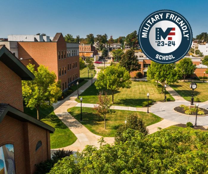 Drone image of campus with Military Friendly Schools 2023-24 seal overlay.