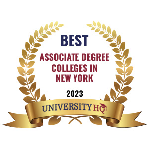 A digital image of wheat encircling the words "Best Associate Degree Colleges in New York 2023" and ribbon at bottom that says "University HQ."