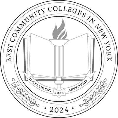 A circular emblem with the words "Best Community Colleges in New York Intelligent approved 2024" with a book and torch in the center. 