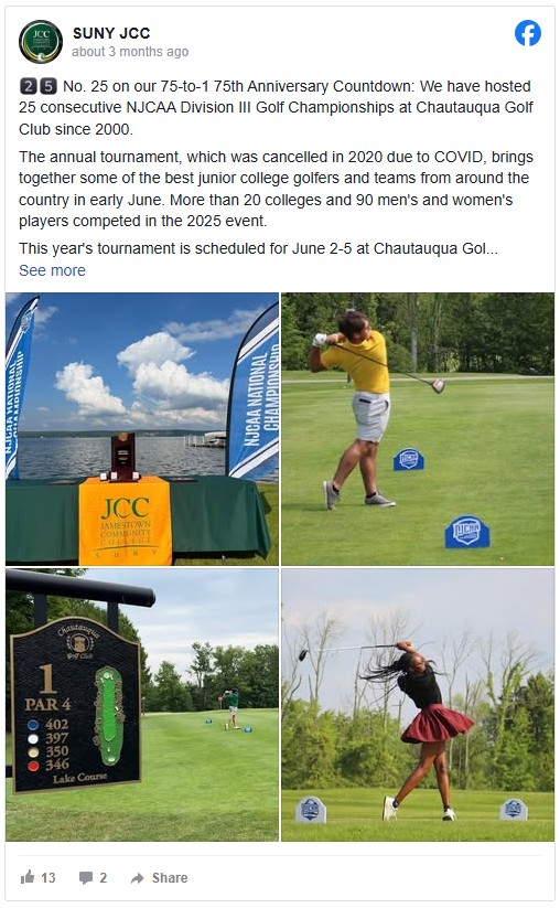 Collage of the NJCAA Division III Golf Championship: A trophy display with banners by a lake, golfers in action, and a course sign.