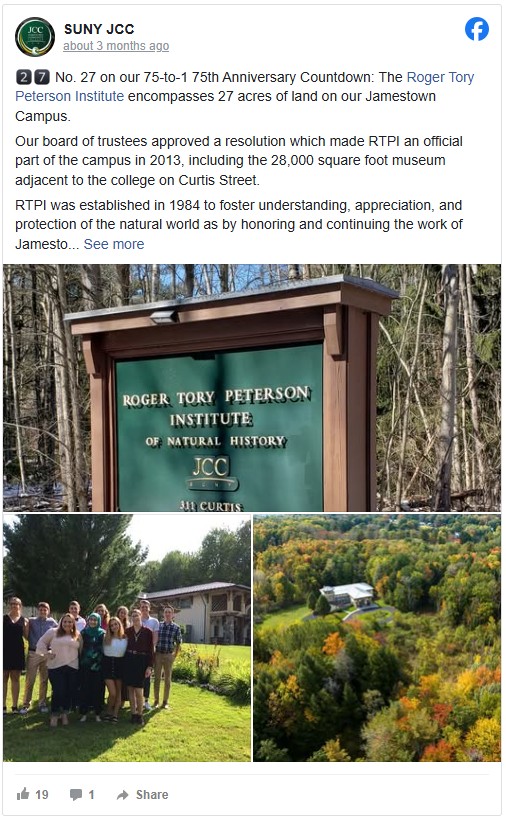 A Facebook post by SUNY JCC highlights the Roger Tory Peterson Institute on campus. Includes a sign, a group of nine smiling people, and an aerial view of a forested area.