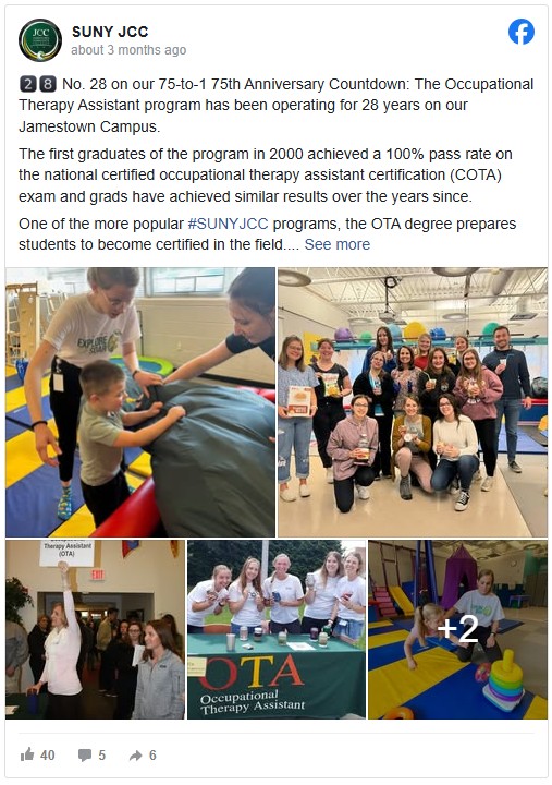 Collage of images highlighting the Occupational Therapy Assistant program at SUNY JCC. Top left: Two assistants supervise a child on gym equipment. Top right: Group of ten people smiling and holding certificates indoors. Bottom left: Woman holding an OTA sign triumphantly. Bottom center: A group gathered around a table with an 'OTA' banner. Bottom right: Two instructors guide a child on a play structure, conveying a supportive and educational atmosphere.