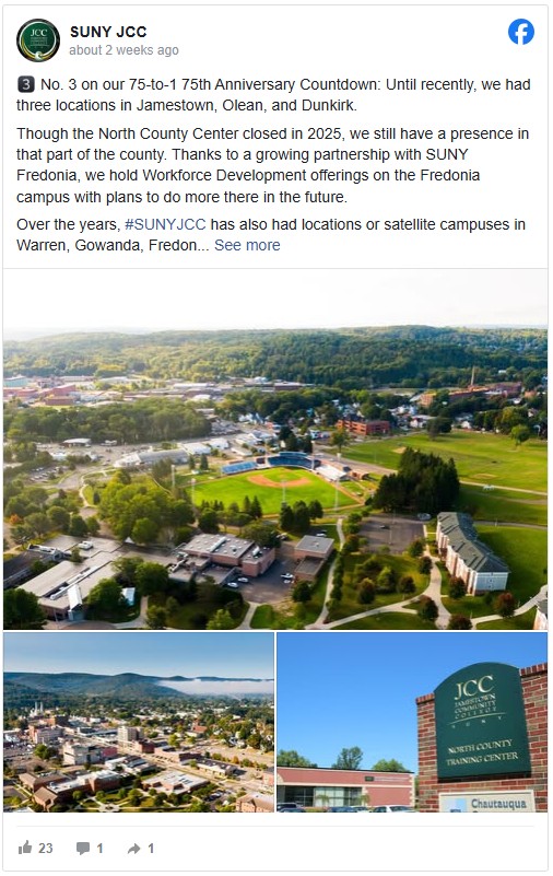 Aerial view of SUNY JCC campus with lush green landscape and buildings. Two smaller images: a townscape and a close-up of a JCC Training Center sign.