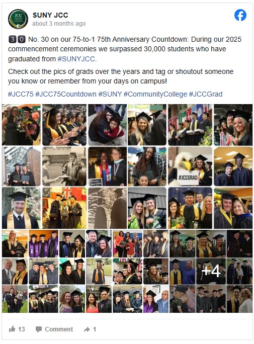 Collage of happy SUNY JCC graduates in caps and gowns, celebrating various years. Includes diverse individuals and group photos, conveying joy and achievement.