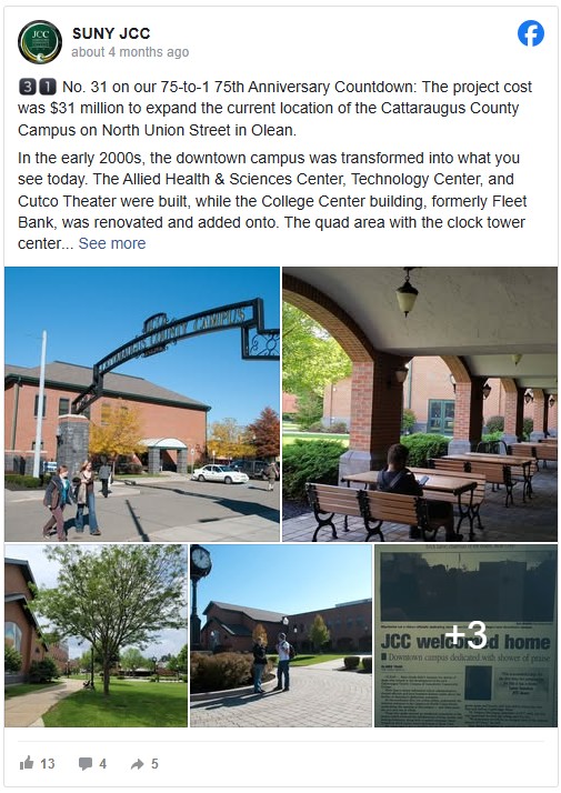 Collage of SUNY JCC Cattaraugus County Campus images, featuring the entrance archway, a student walking on campus, and a view of the brick building with benches. The scene conveys a welcoming academic atmosphere with autumn foliage, emphasizing the historic and renovated campus structures.