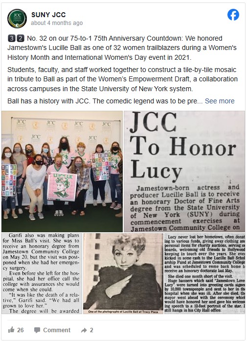 Group photo of diverse people holding tribute artworks of Lucille Ball at an event, alongside a newspaper clipping honoring Ball with an honorary degree.