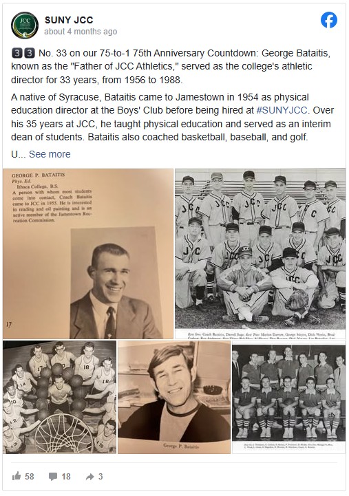 Collage celebrating George Bataitis, "Father of JCC Athletics." Includes portraits, team photos, and text about his 33-year tenure as athletic director.