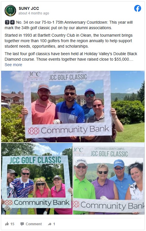 A Facebook post by SUNY JCC features three photos of smiling golfers holding JCC Golf Classic frames in a bright, sunny outdoor setting.