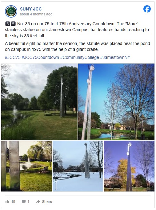 A collage features a tall stainless steel statue with hands reaching skyward on a college campus, surrounded by trees in different seasons. The statue is near a pond and accompanies lush greenery, bare winter branches, and vibrant fall colors, conveying a sense of timeless beauty and change.