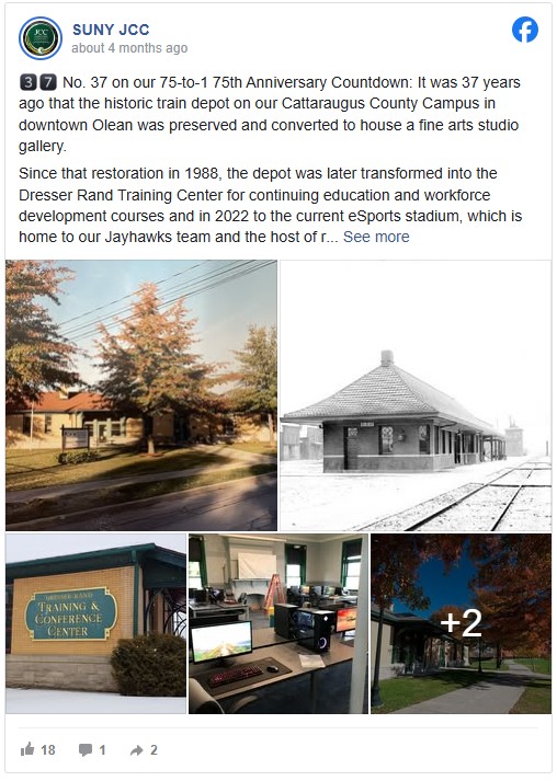 Facebook post by SUNY JCC featuring images of a preserved historic train depot, now repurposed for education and esports. Includes autumn trees and signage.