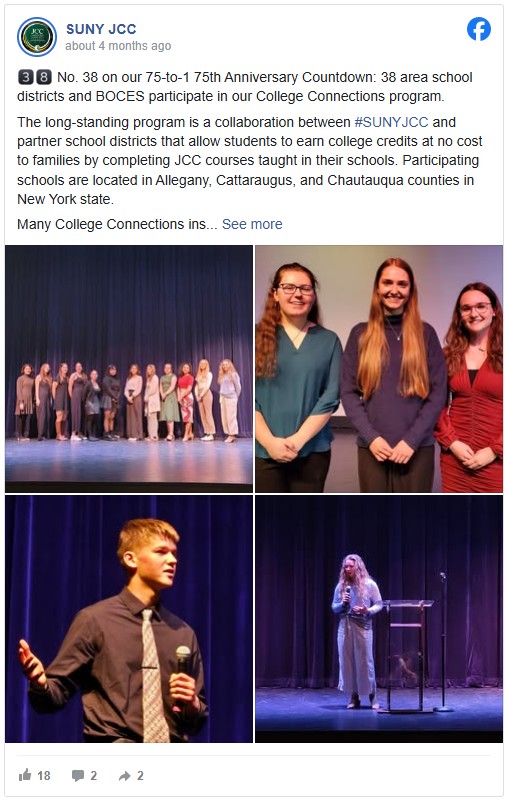 Four-photo collage from a SUNY JCC event celebrating their College Connections program. Top left: A group of people stand on stage under dim lighting, smiling at the camera. Top right: Three women pose together, smiling warmly. Bottom left: A young man speaks into a microphone on stage, gesturing with one hand. Bottom right: A woman in a long dress stands at a podium under spotlight. The atmosphere is celebratory and engaging.
