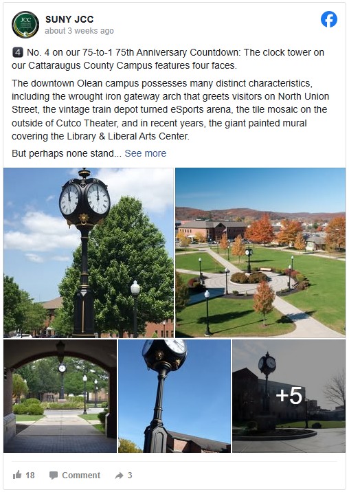 A collage showcasing a vintage black clock tower on a college campus. Surrounded by green lawns and colorful autumn trees under a clear blue sky.