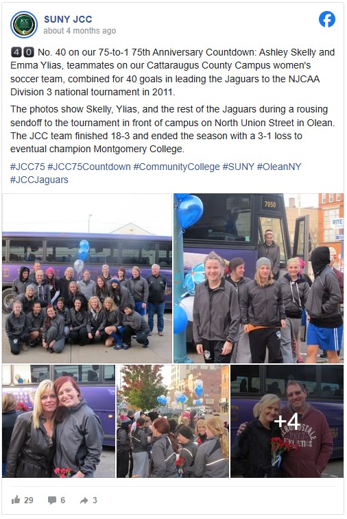 A group photo of the Jaguars women's soccer team, smiling in front of a bus with blue balloons. Celebratory, team spirit atmosphere. 