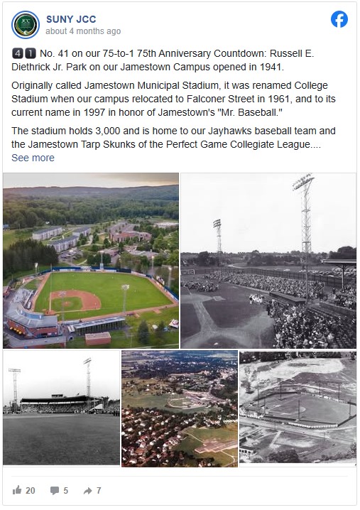 A collage of images shows Russell E. Diethrick Jr. Park, a baseball stadium with lush greenery. The historical photos depict grandstands and large crowds. The tone is nostalgic, celebrating the park’s rich history and community significance.