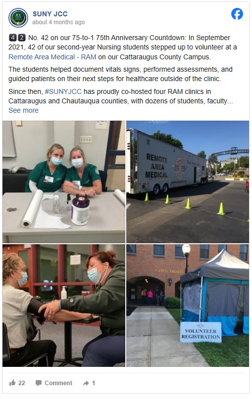 Two nursing students in teal scrubs sit at a table; a "Remote Area Medical" truck; a person receives a blood pressure check; a "Volunteer Registration" tent outdoors.