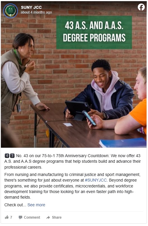 Three students sit at a table in discussion, with two holding digital devices. A sign on the wall reads, "43 A.S. and A.A.S. Degree Programs."