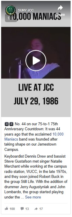 Facebook post from SUNY JCC featuring a video thumbnail of 10,000 Maniacs live in 1986. Includes text about the band's history and Jamestown event.