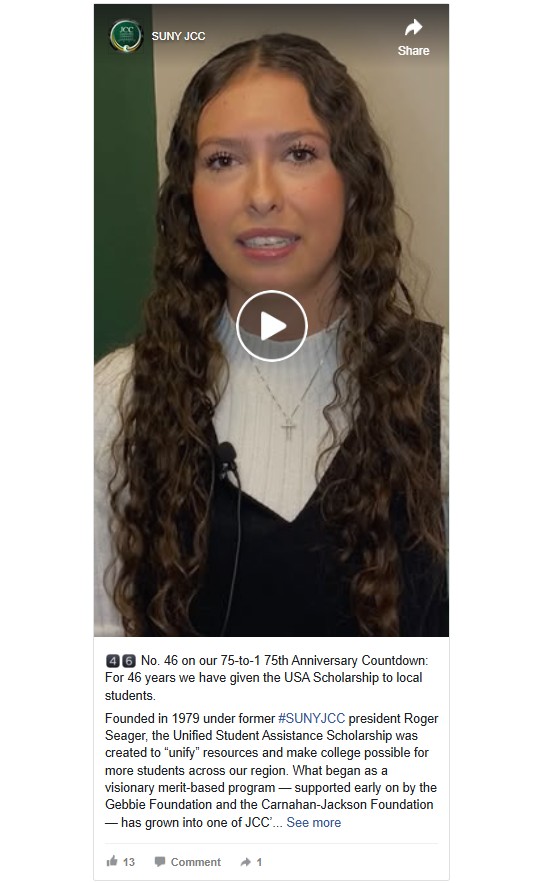 A woman with long curly hair speaks in a video about the Unified Student Assistance Scholarship.