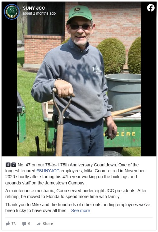 A Facebook post showing an elderly man in a green cap and gray sweatshirt smiles while holding a shovel. He stands by a green cart with gardening tools, in front of a brick building.