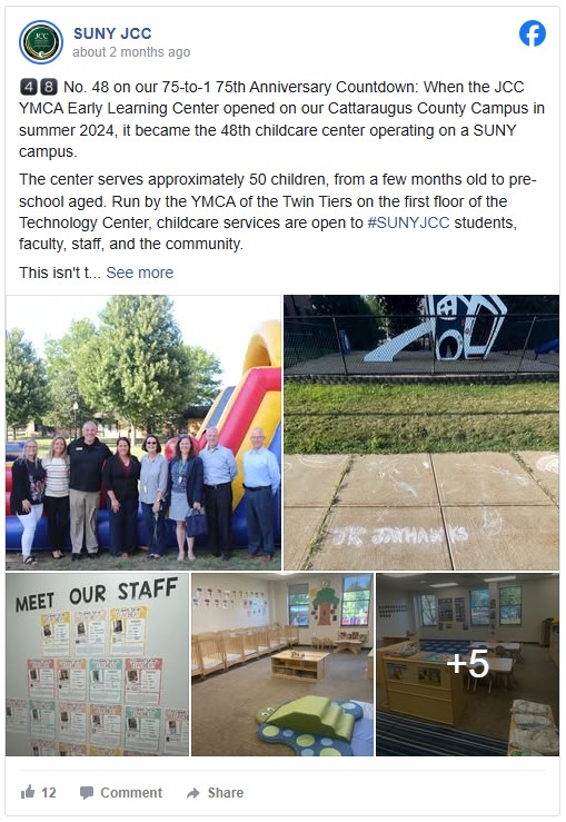 A group of people stands smiling in front of a colorful inflatable slide outdoors. Other images include playground equipment, chalk drawings on pavement, a staff bulletin board, and an empty classroom setup, conveying a sense of community and educational environment.