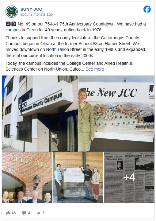 The image shows a Facebook post by SUNY JCC celebrating their 49-year campus history in Olean. Photos include a building exterior, a woman in green, and newspaper clippings.