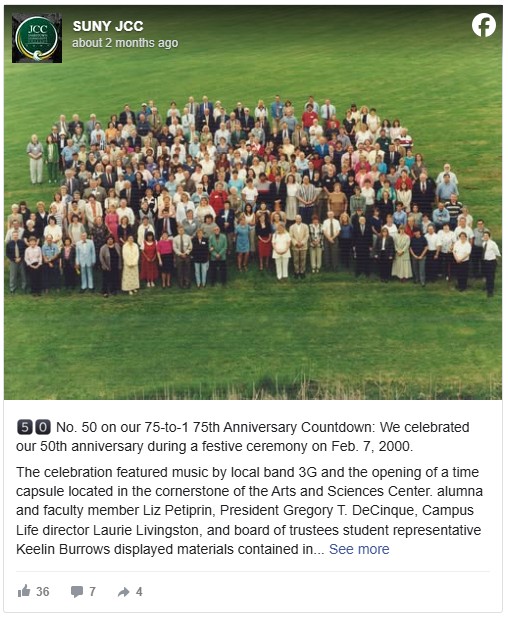 Facebook post showing a large group of people stands closely together on a grassy field, commemorating SUNY JCC's 50th anniversary