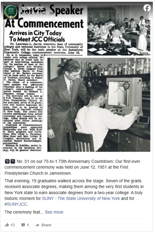 Facebook post showing a black and white photo featuring a vintage classroom with students at desks, a man in a suit, and another engaged with scientific equipment. Accompanied by a newspaper clipping about a 1951 commencement speaker. 