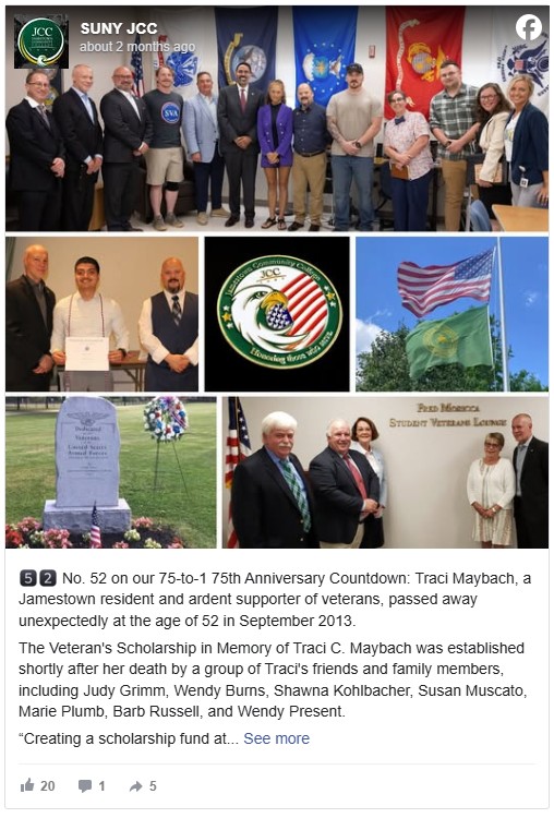 Facebook post of a collage of images shows a group of people posing, flags, a certificate ceremony, a grave with flowers, and a group beside the "Student Veteran Lounge" sign. The tone is respectful and commemorative.