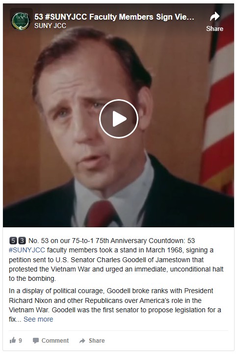Facebook post showing man in a suit and tie speaks against a backdrop featuring an American flag. The mood is serious, referencing a protest during the Vietnam War. Text below outlines faculty opposition to the war in 1968.