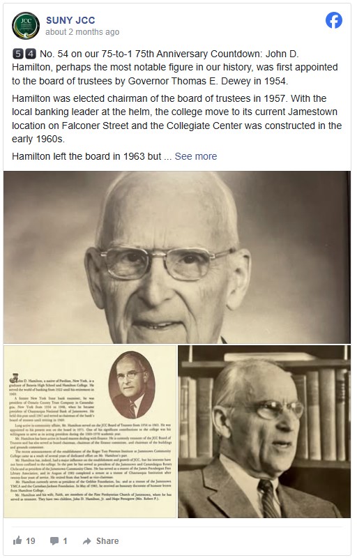 Facebook post by SUNY JCC featuring John D. Hamilton. Top: Close-up of an elderly man with glasses. Bottom left: A page with Hamilton's portrait and text about his achievements. Bottom right: A black-and-white photo of Hamilton in a suit speaking, books in the background. Tone is historical and commemorative.