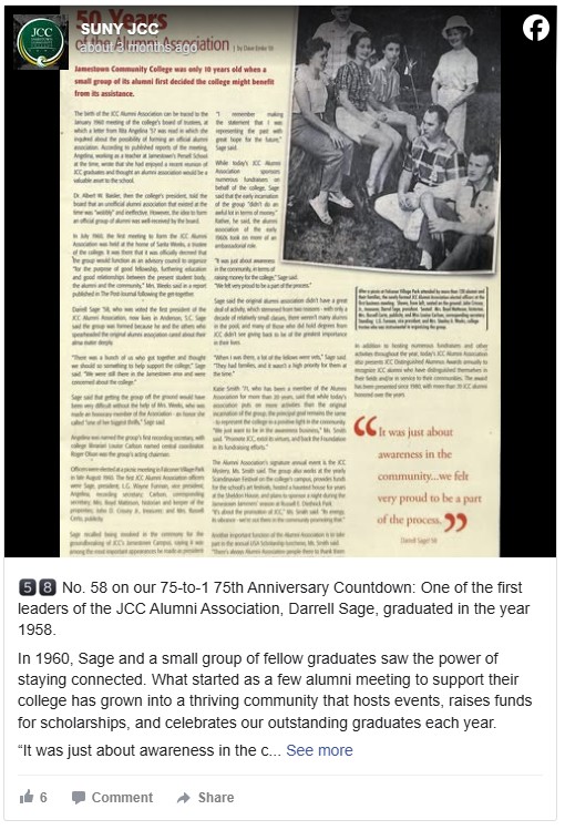 A Facebook post from SUNY JCC shows a vintage newsletter page featuring a black-and-white photo of people sitting on grass. The text discusses Darrell Sage, an alumnus from 1958, highlighting his role in forming the college's Alumni Association in 1960. A large quote in red on the right mentions awareness in the community. The post is part of a 75th-anniversary countdown celebrating alumni achievements.