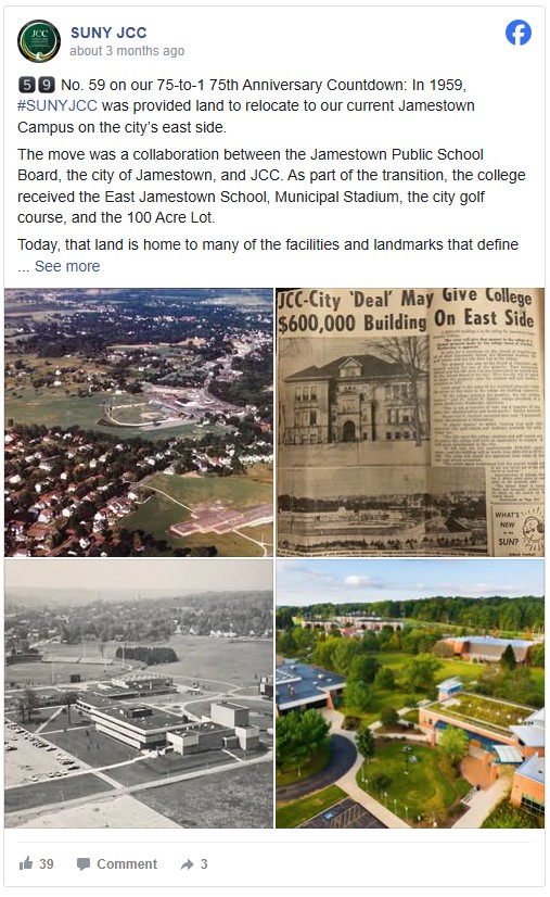 Facebook post of a collage of four images showing SUNY JCC's history. Includes aerial views then and now, an old newspaper clipping, and early campus buildings.