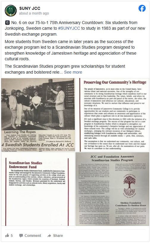 A Facebook post by SUNY JCC features images and text about a 1983 Swedish exchange program. Includes newspaper clippings and details of a Scandinavian Studies initiative.