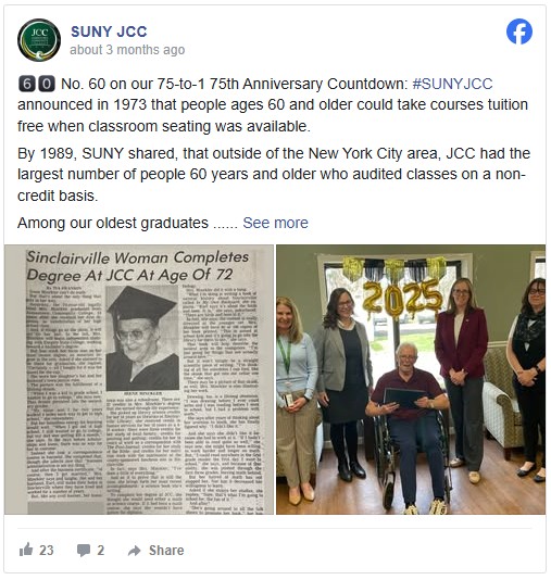 Facebook post showing a newspaper headline highlights a 72-year-old graduate. Adjacent, a smiling elderly graduate in a wheelchair holds a diploma, surrounded by four standing people. "2025" balloon numbers are in the background. The mood is celebratory.