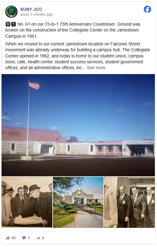 Facebook post by SUNY JCC celebrating the 75th anniversary with images of the Collegiate Center's construction in 1961. Photos include the building exterior, historical figures at the groundbreaking, and campus scenes.