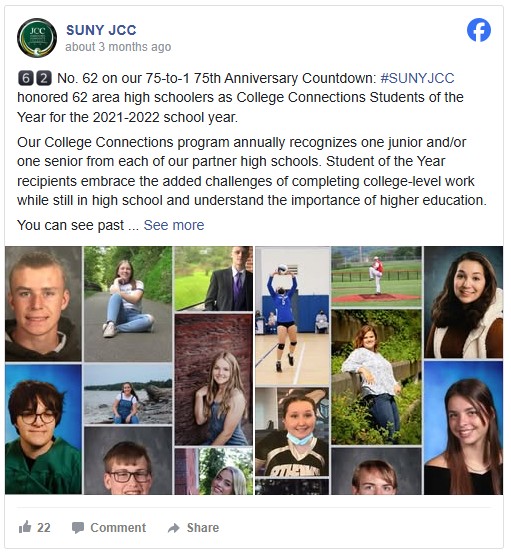 Facebook post showing a collage of high school students awarded as College Connections Students of the Year 2021-2022 by SUNY JCC, showcasing diverse achievements.