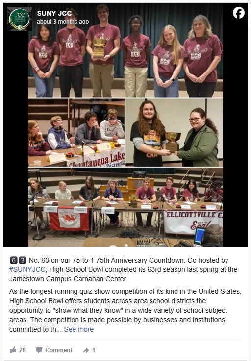 Facebook post showing a group of students wearing matching maroon shirts stand holding a trophy. Other photos show quiz teams competing. The atmosphere is celebratory and academic.