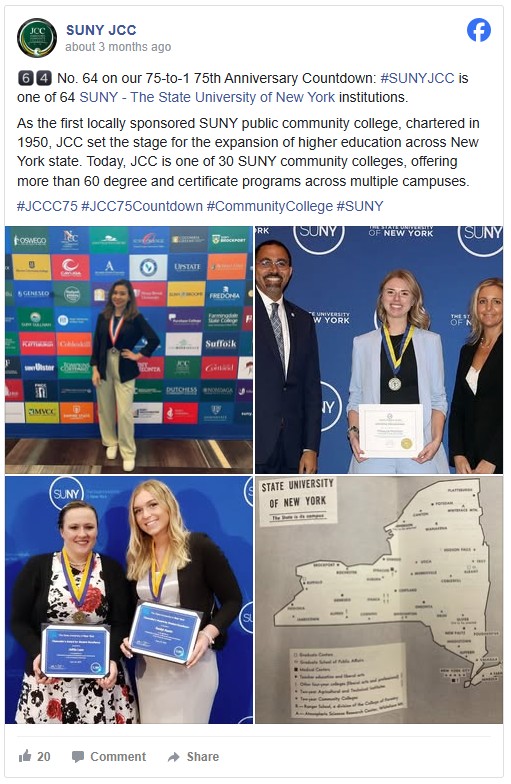 SUNY JCC Facebook post celebrating their 64th rank on the 75th anniversary countdown. The collage shows students with awards, officials, and a SUNY map.